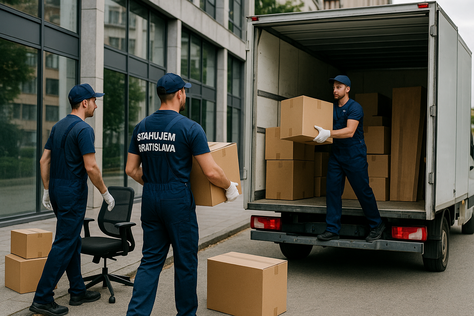 Sťahovanie domácností a kancelárií v Bratislave – pracovníci firmy Stahujem Bratislava prenášajú nábytok a krabice do sťahovacieho auta pred modernou budovou.