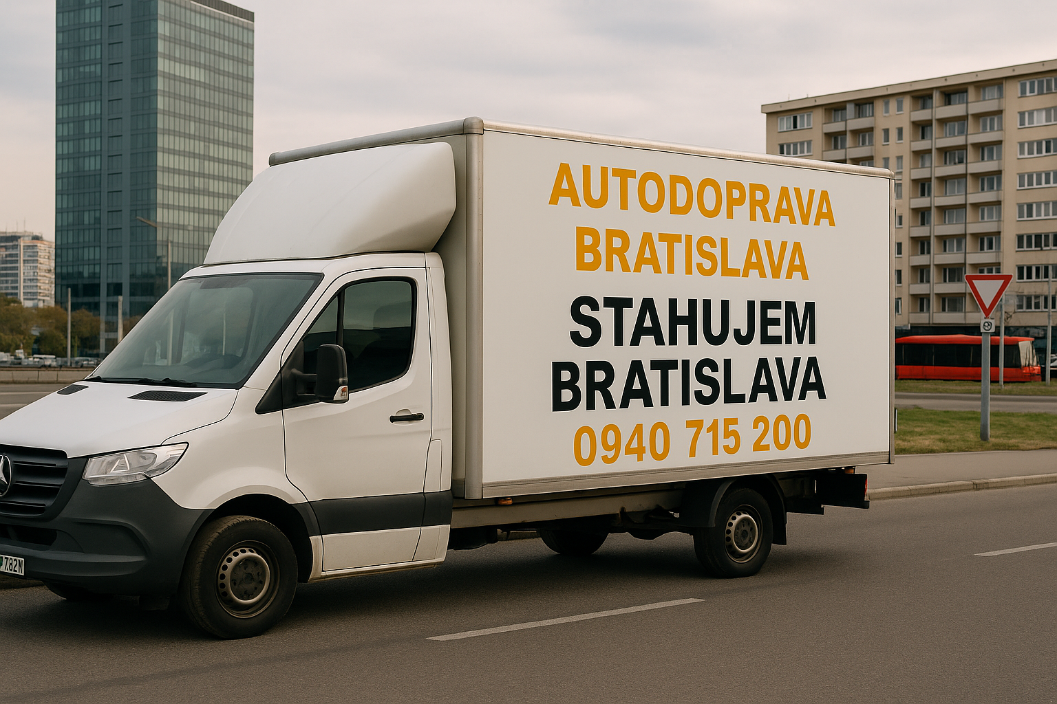 Autodoprava Bratislava – dodávkové auto firmy Stahujem Bratislava prepravuje nábytok a stavebný materiál po meste