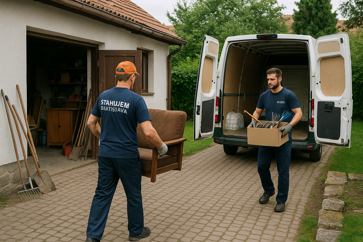 Vypratávanie záhrad a garáží Bratislava – pracovníci firmy Stahujem Bratislava nakladajú starý nábytok a náradie do dodávky pri rodinnom dome.