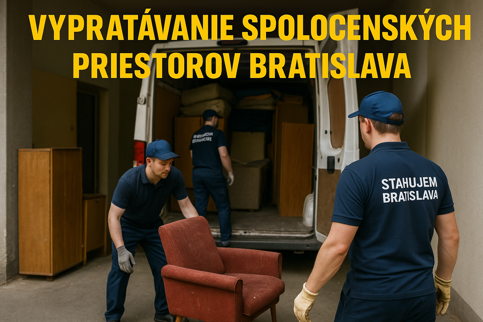 Vypratávanie spoločenských priestorov Bratislava – pracovníci firmy Stahujem Bratislava odnášajú stoličky a nábytok z veľkej sály v Bratislave.