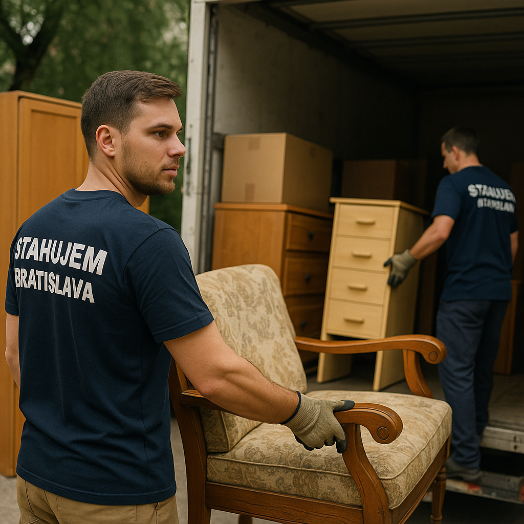 Likvidácia starého nábytku Bratislava – pracovníci firmy Stahujem Bratislava nakladajú staré skrine a gauče do dodávky v Bratislave.