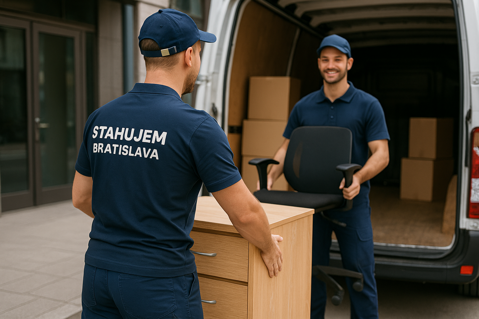 Sťahovanie firiem a kancelárií Bratislava – pracovníci firmy Stahujem Bratislava prenášajú kancelársky nábytok a počítače do dodávky v Bratislave.