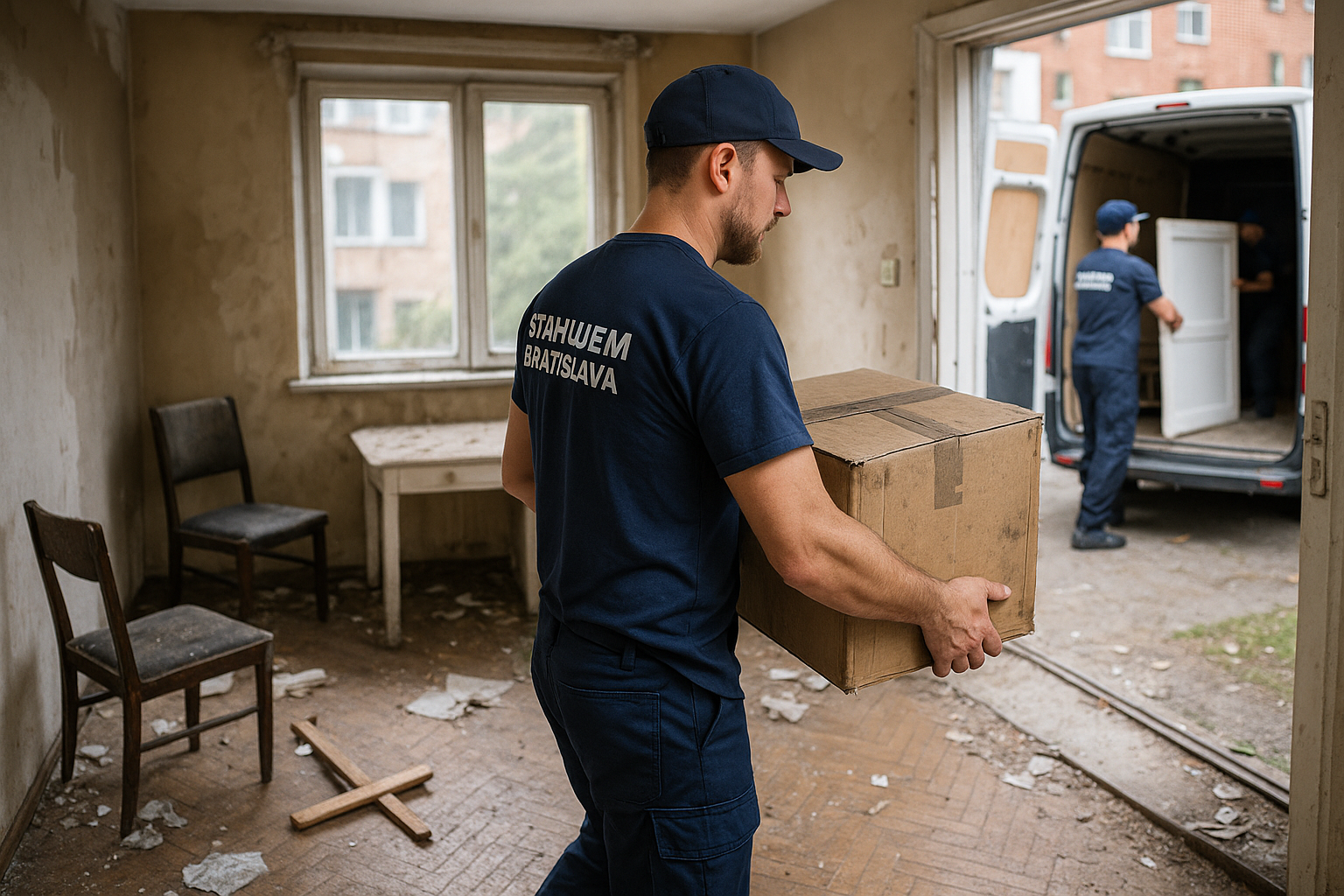 Vypratávanie po nájomníkoch Bratislava – pracovníci firmy Stahujem Bratislava odnášajú starý nábytok, krabice a odpad z bytu po nájomníkoch.