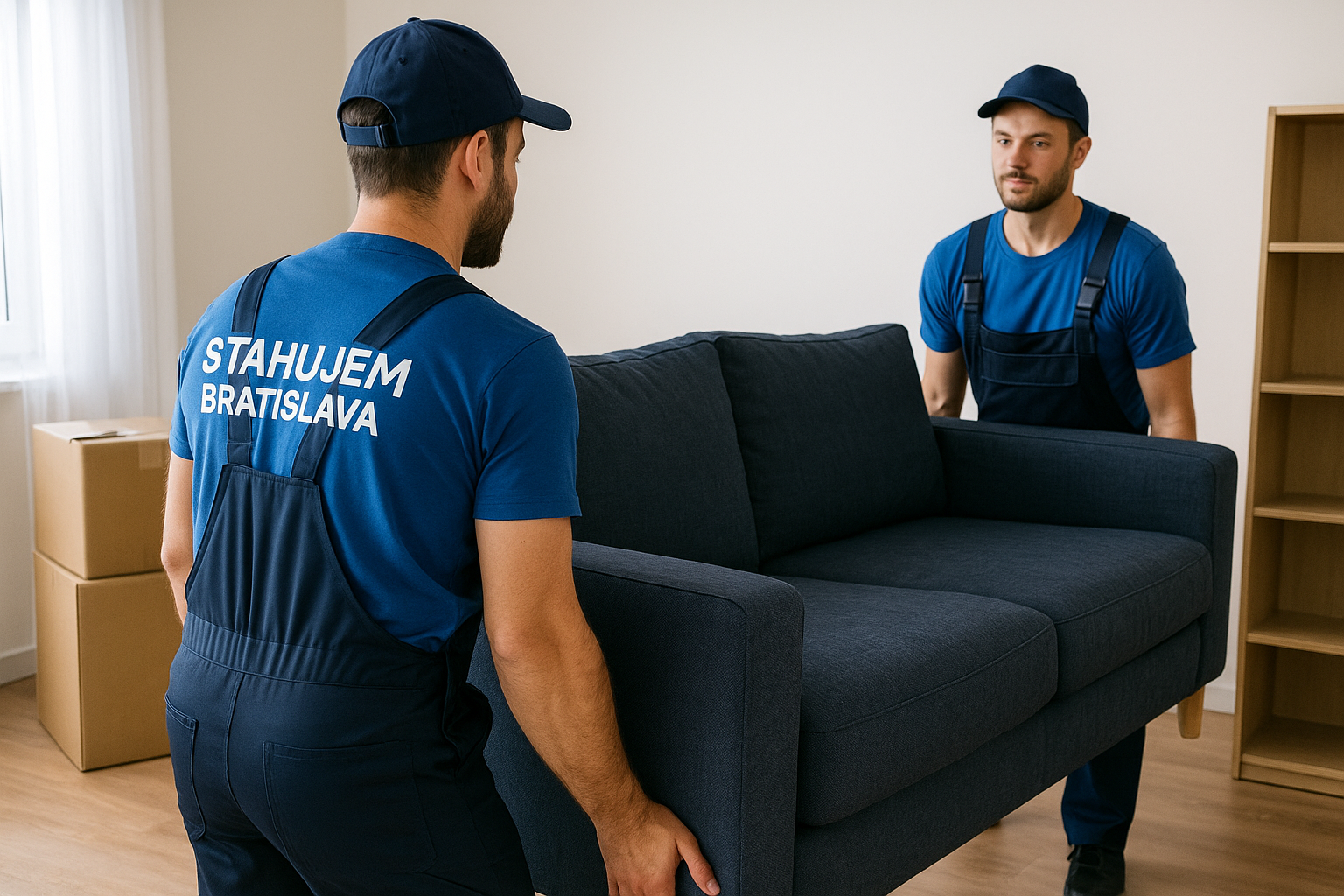Profesionálne sťahovanie v Bratislave – pracovníci firmy Stahujem Bratislava prenášajú krabice a nábytok z bytu do dodávky.