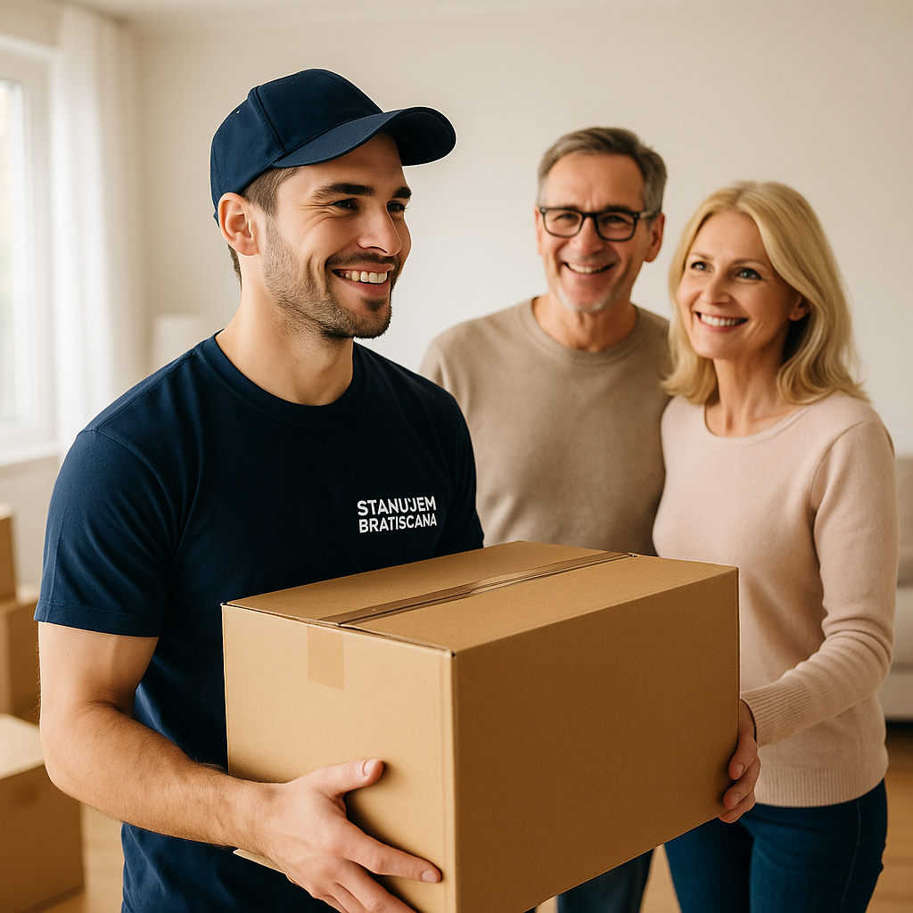 Pracovníci firmy Stahujem Bratislava pomáhajú so sťahovaním – nesú krabice a nábytok do dodávky, usmievajú sa počas práce.